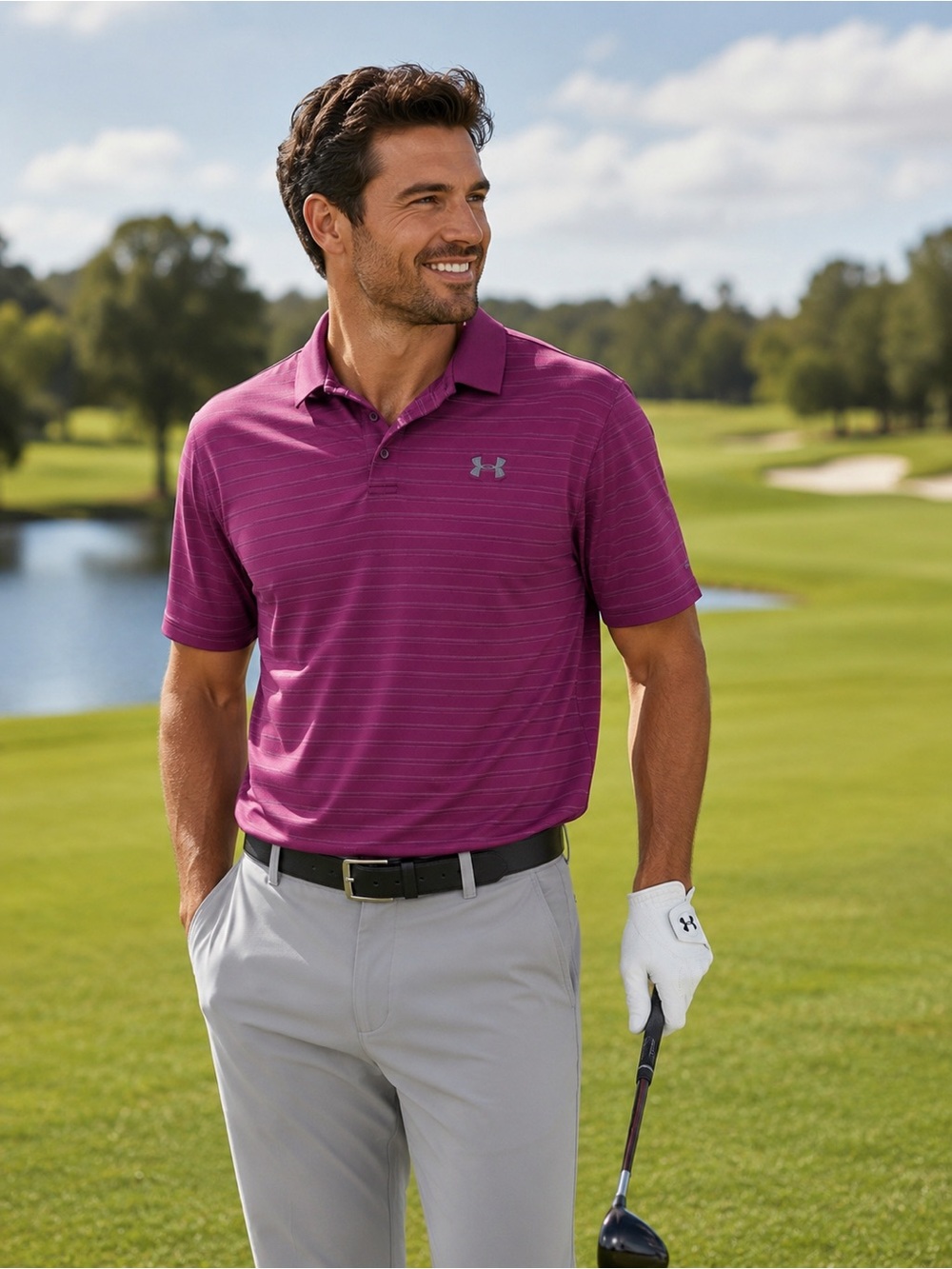 Under Armour Loose HeatGear Polo Shirt Men’s 2XL Purple Striped Golf